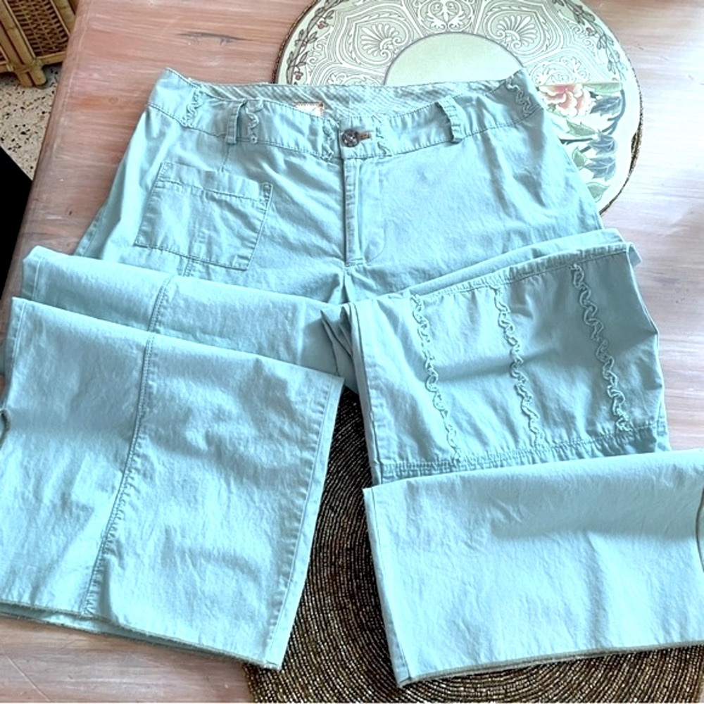 ANTHROPOLOGIE TINY Brand Light Blue Embroidered Cotton Slacks Great condition